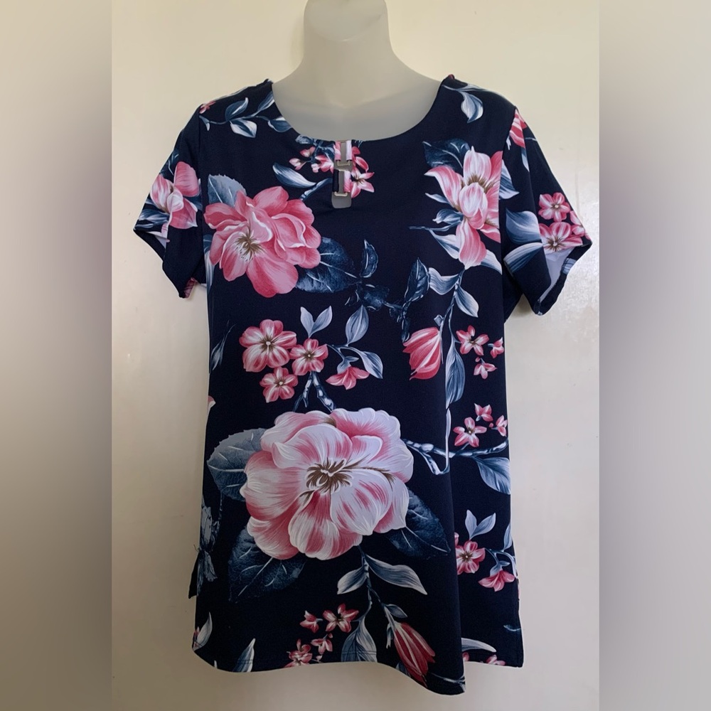 EUC Always Indigo Colorful Vivid Floral Top Shirt Size XL